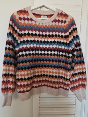 Multi-Color Diamond Knit Sweater Alpaca Blend - Cream Size US 6 Fits Size M